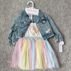 Little Lass Girls' Pastel Unicorn Dress & Denim Jacket Set - Pink/Multicolor
